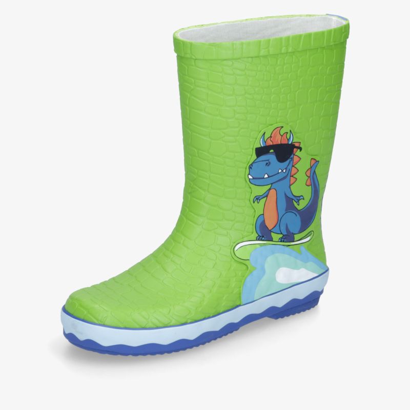 Grüner wasserdichter Gummistiefel mit rutschfester Sohle und kindgerechtem Dinosaurier-Design für optimalen Schutz im Regen