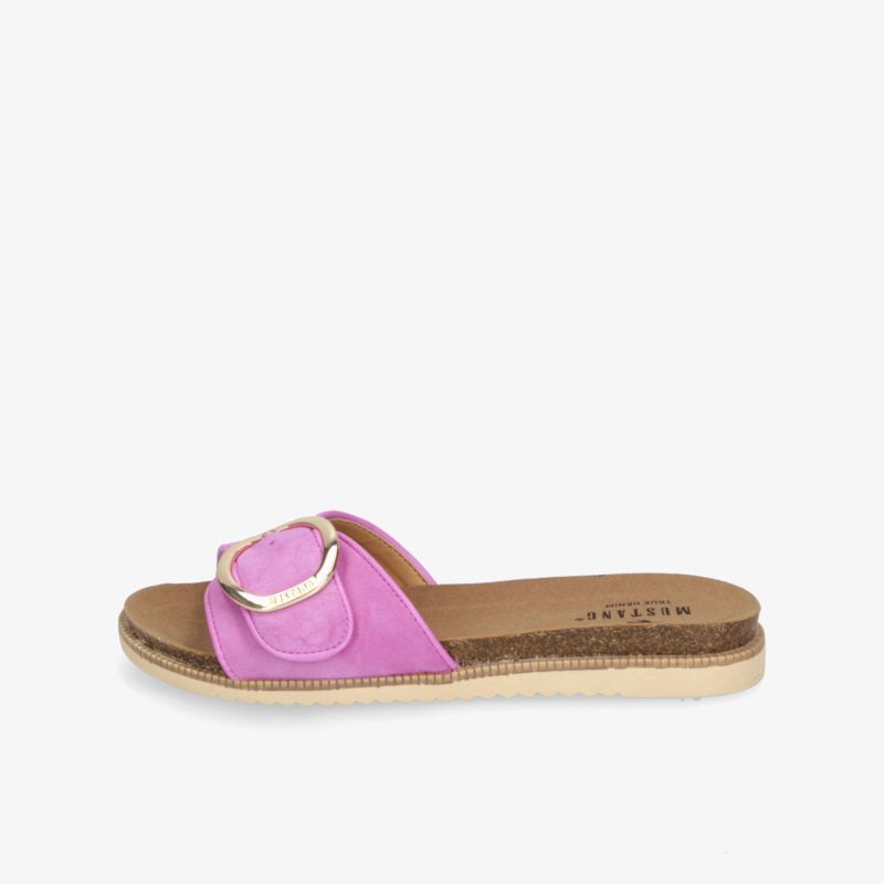 Rosa Slide Sandale mit goldener Schnalle, offener Schuh mit bequemer Sohle ideal für warmes Wetter