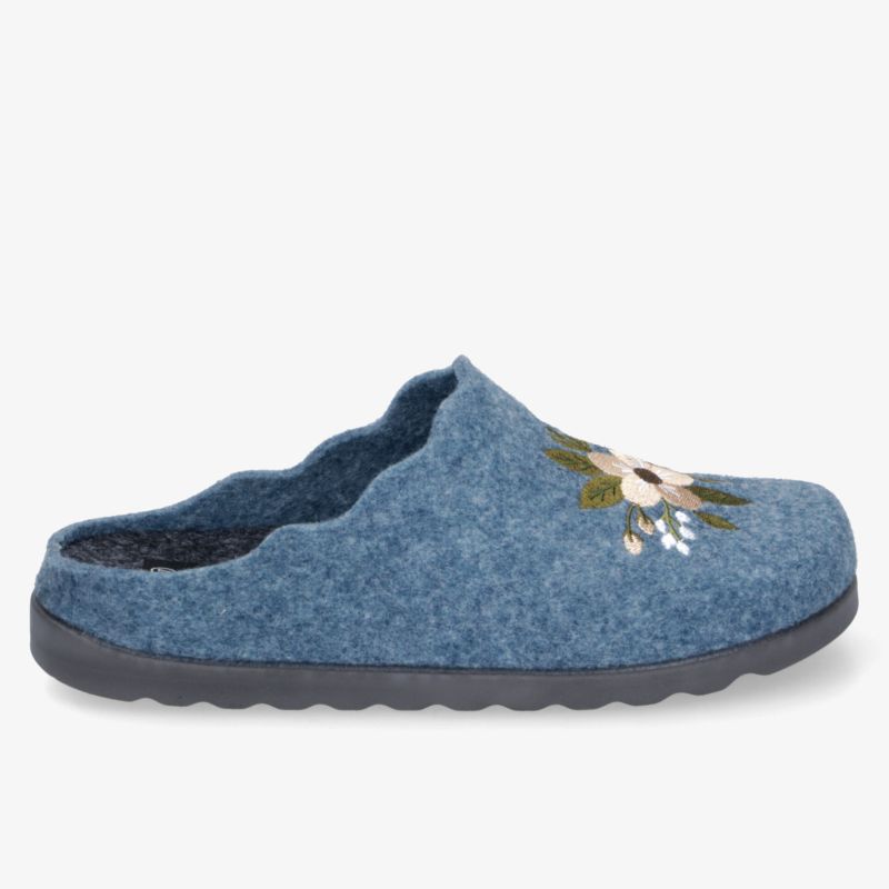 Blauer Filz-Hausschuh mit komfortabler rutschfester Sohle und detailreicher Blumenstickerei