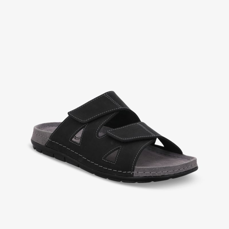 Komfortable schwarze Sandale mit verstellbaren Riemen und rutschfester Sohle.