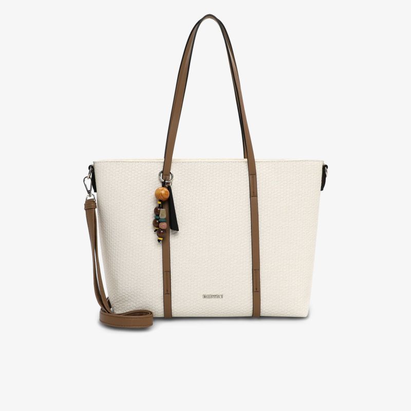 Elegante mittelgroße Tasche mit hellem Stoff, braunen Henkeln und abnehmbarem Schultergurt in schlichtem Design