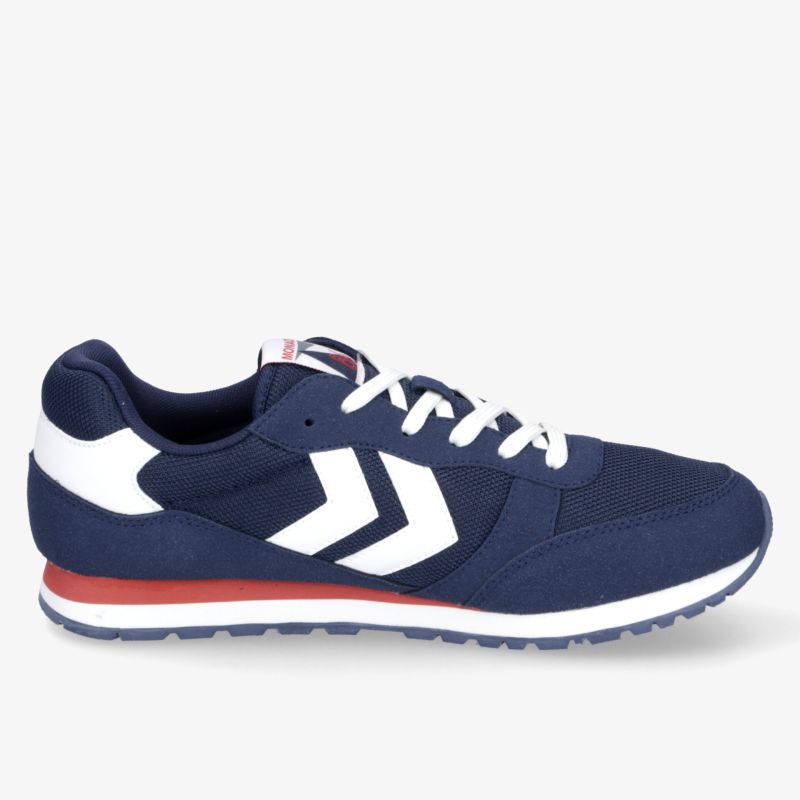 Seitliche Ansicht eines navyblauen Sportschuhs mit weißem Muster und komfortabler Schnürung