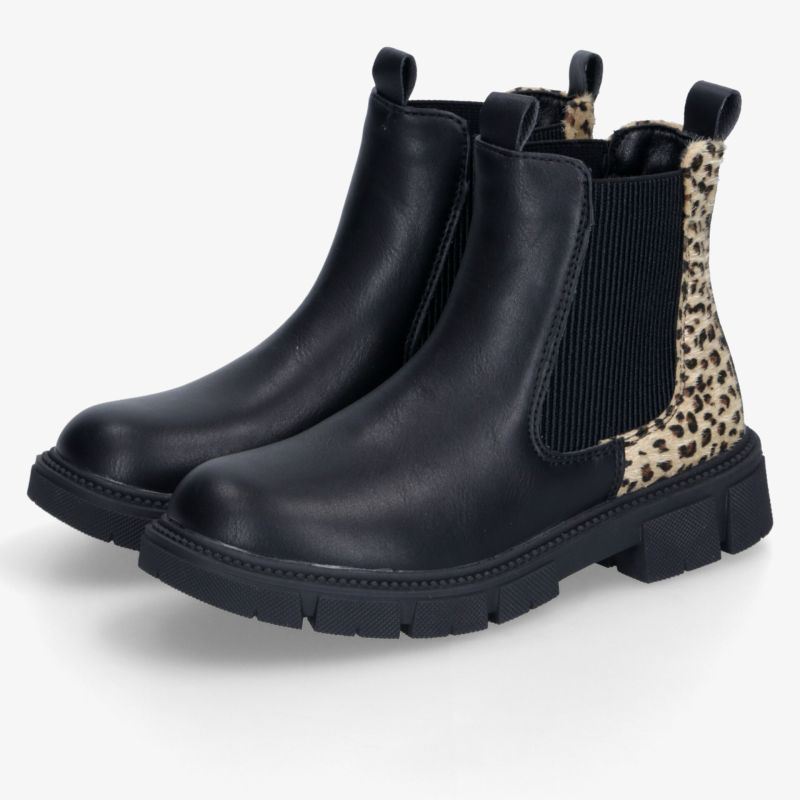 Schwarze Chelsea Boots mit elastischen Einsätzen, markantem Leopardenmuster und robuster Profilsohle, Paaransicht