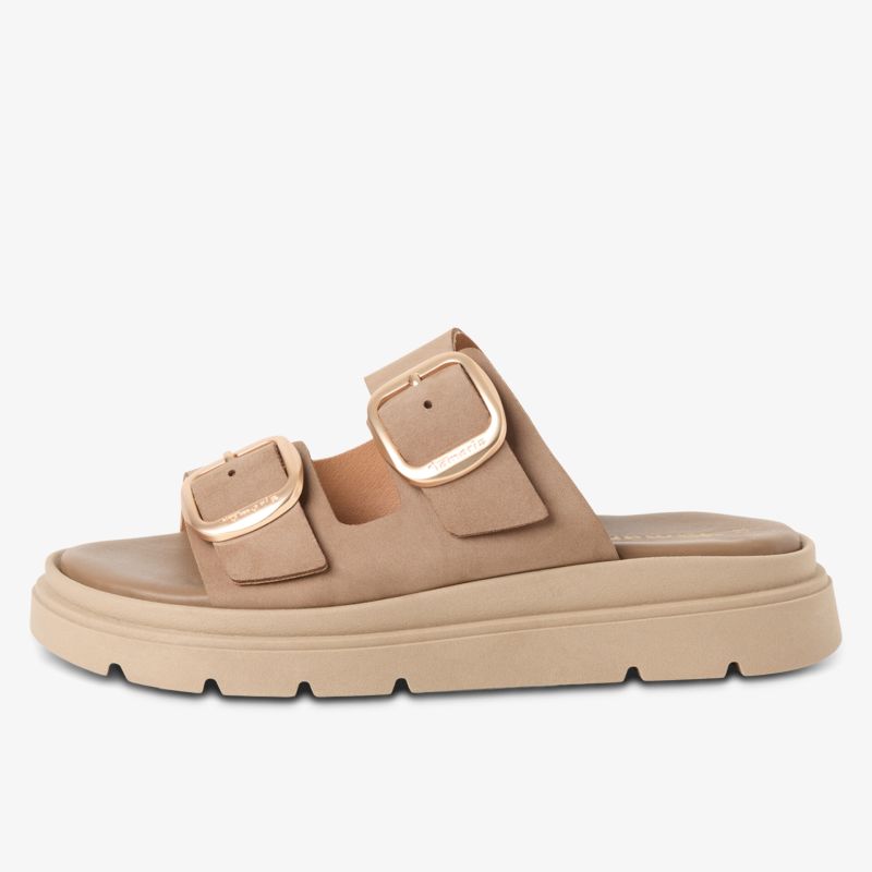 Beige Sandalen mit dekorativen Schnallen und robuster Sohle. Perfekt für den Alltag.