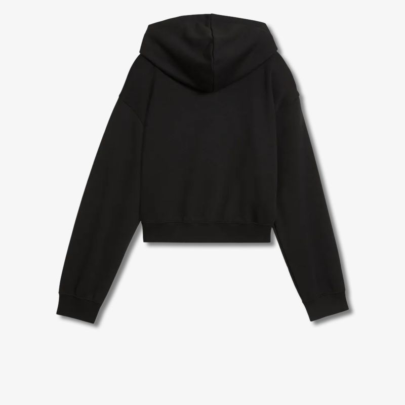 Schwarzer Kapuzenpullover mit elastischen Bündchen, bequeme Passform und lässigem Stil von hinten aufgenommen