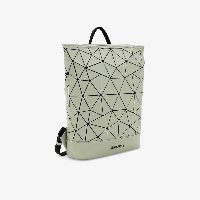 Moderner hellgrauer Rucksack mit geometrischem Muster, praktischem Tragegriff und robustem Material