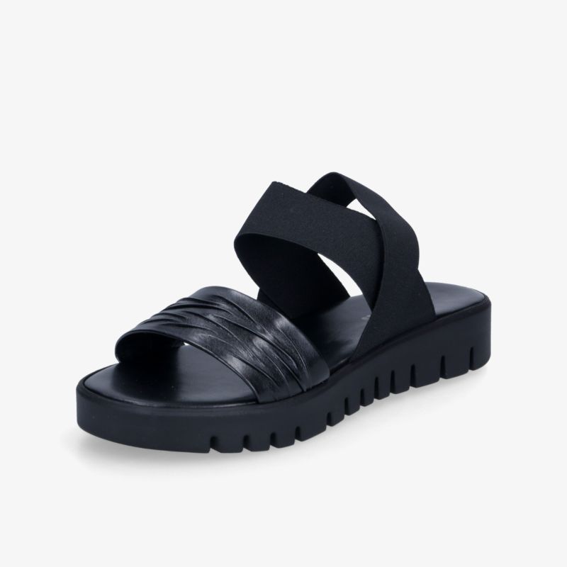Schwarze Sandale mit elastischen Bändern und rutschfester profilierter Sohle für optimalen Komfort