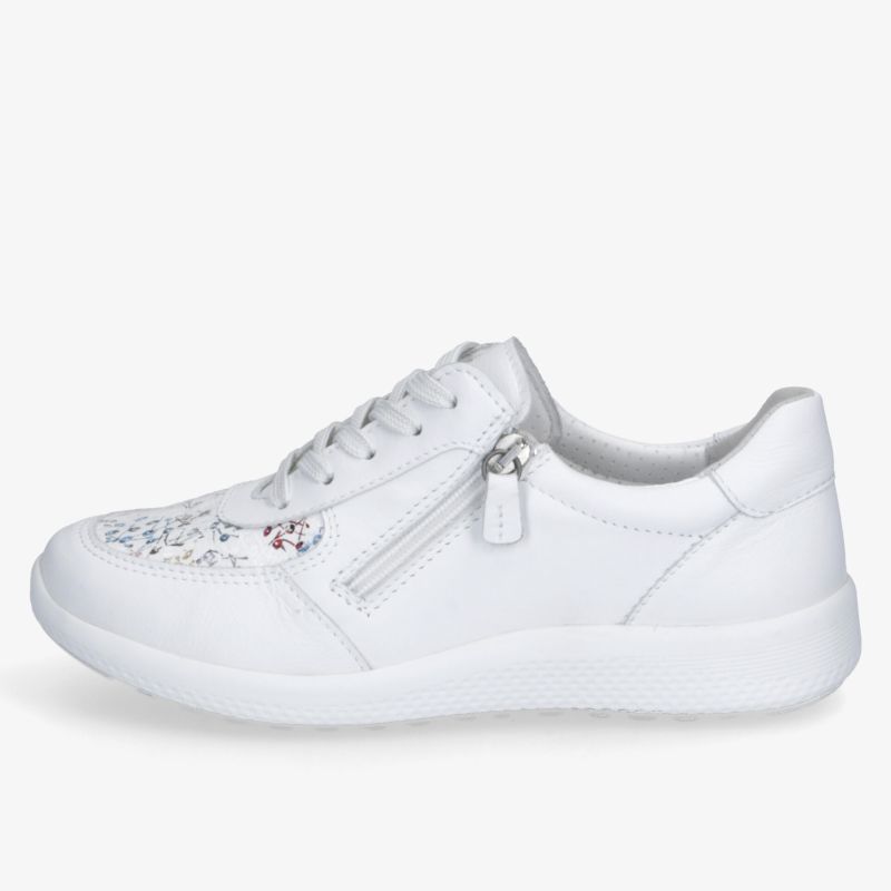 Weißer Sneaker mit praktischem Reißverschluss und sportlicher, rutschfester Sohle in klarer Seitenansicht