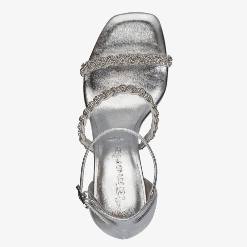 Elegante silberne Sandale mit geflochtenen Riemen und quadratischer Zehenpartie, verstellbar und komfortabel
