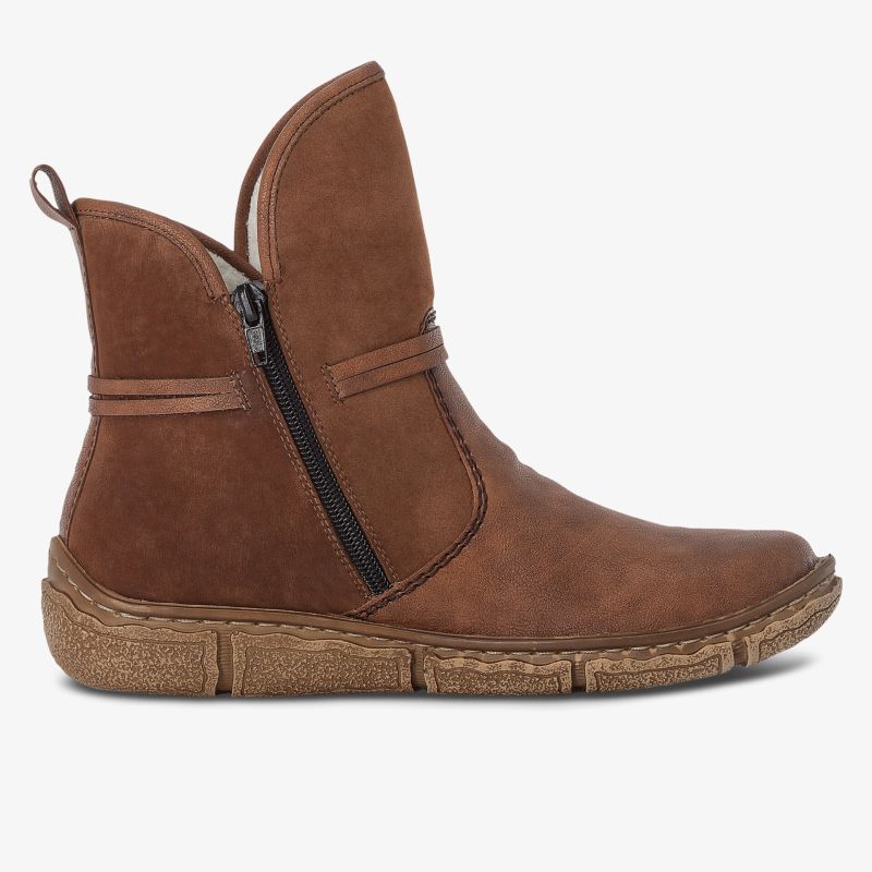 seitliche ansicht eines braunen stiefels mit flexiblem material und praktischem reißverschluss für bequemes tragen