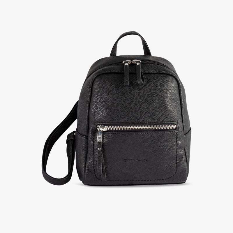 Kompakter schwarzer Rucksack mit Fronttasche, silbernem Reißverschluss und stilvollem Design für vielseitigen Einsatz.