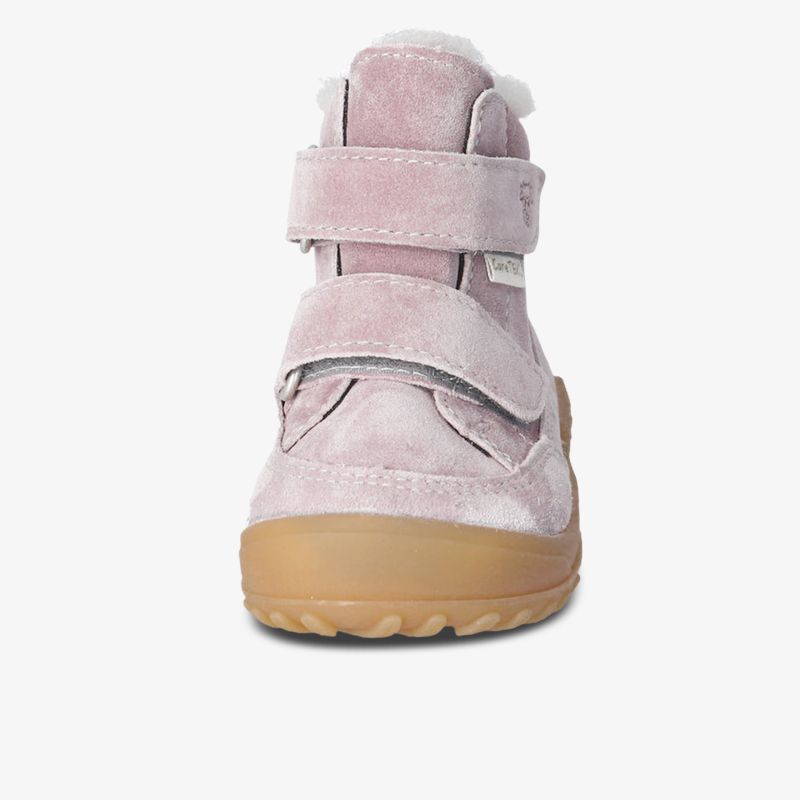 Frontansicht Veloursleder Schuh mit Klettverschluss und flexibler, rutschfester Sohle für bequemen Tragekomfort