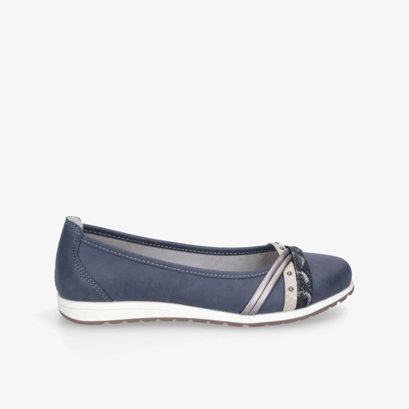 Seitlich abgebildeter flacher navy blauer Schuh mit weißer Sohle und elastischem Einsätzen für hohen Tragekomfort