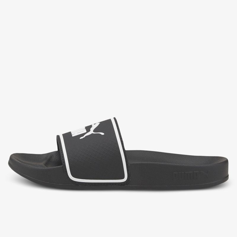 Schwarze Slide Sandale mit weißem Logo und bequemer gepolsterter Riemen