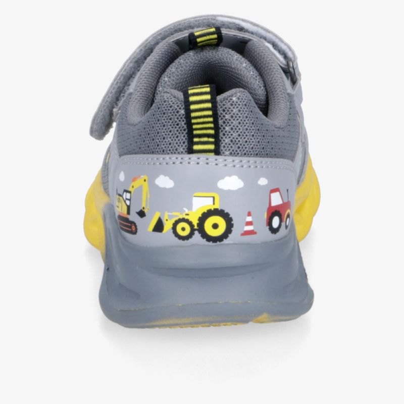 Robuster Kinder Sportschuh mit gepolsterter Passform und auffälligem Baumaschinen-Motiv in Grau und Gelb, Rückansicht