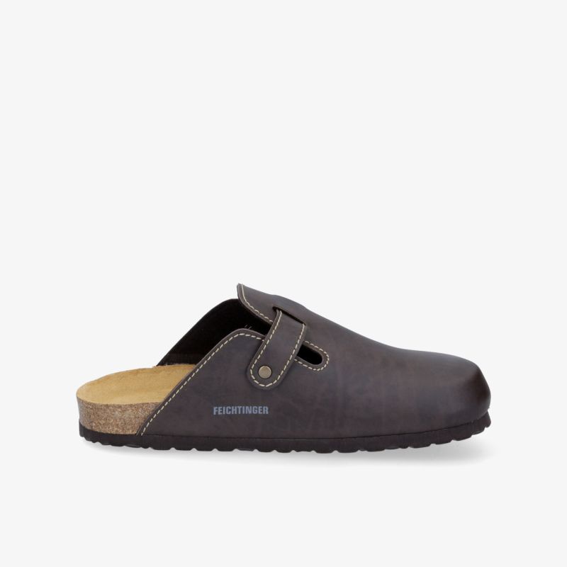 Bequemer Clog in dunkelbrauner Lederoptik mit robuster, rutschfester Sohle. Ideal für den Alltag.