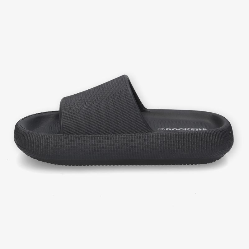 Schwarze Slide Sandale mit weicher Sohle und breitem Riemen für bequemen und leichten Tragekomfort