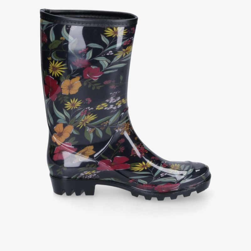 Schwarze Gummistiefel mit farbenfrohem Blumenmuster, glänzender Oberfläche und markantem Profil für stilvolle Auftritte