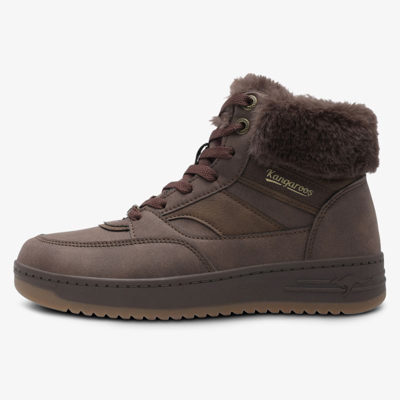 Seitenansicht wasserdichter brauner Winterschuh mit warmem Futter und rutschfester Sohle