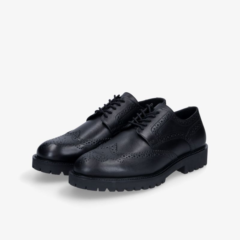 Elegante schwarze Lederschuhe mit Schnürung und robuster Profilsohle, bequem und hochwertig verarbeitet.