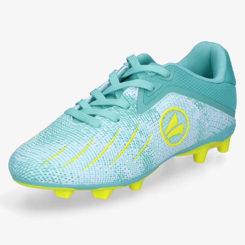 Türkis-gelber Fußballschuh mit schnürung, atmungsaktivem Material und festem Profil, schräg vorne aufgenommen