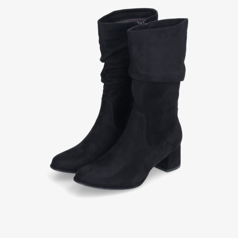 Schwarzes Stiefelpaar mit weichem Schaft, bequemem Blockabsatz und eleganter Form für stilvolle Outfits