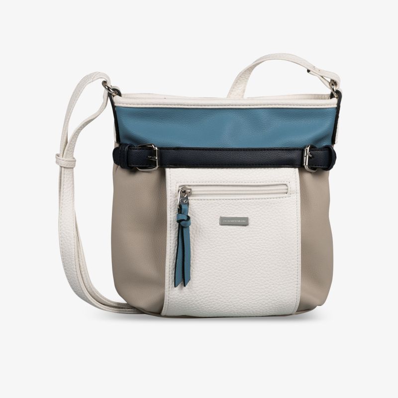 Moderne Umhängetasche in Blau, Beige und Weiß mit Frontreißverschluss und verstellbarem Schulterriemen