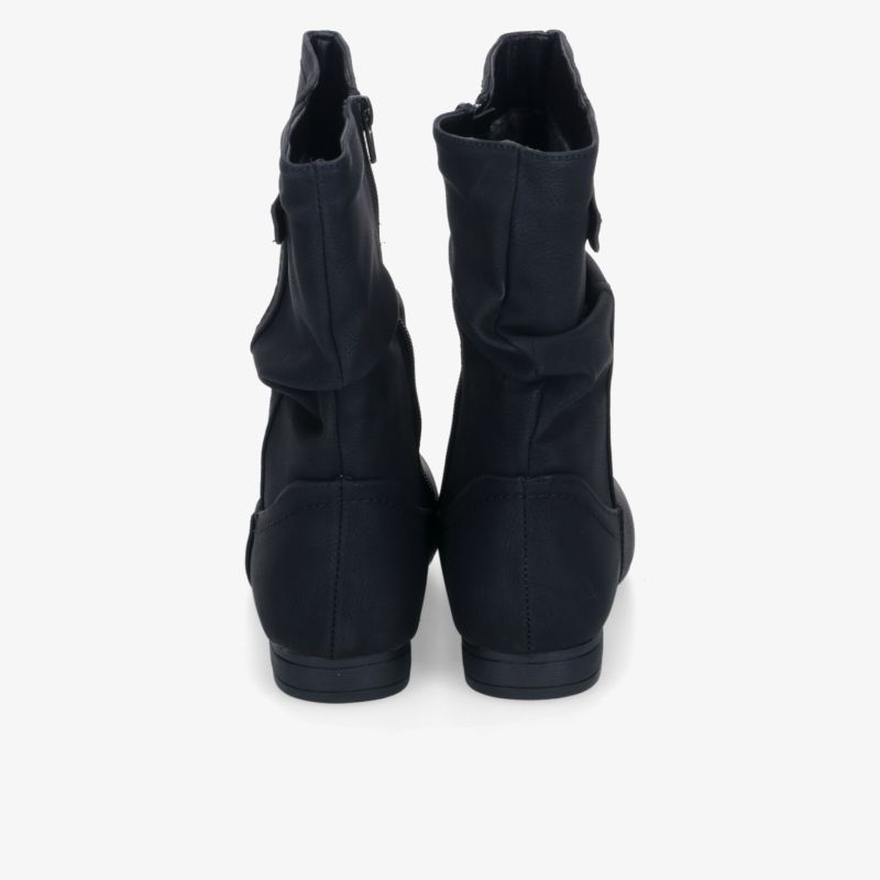 Rückansicht von eleganten schwarzen Stiefeletten mit stabilem Absatz und hochwertigem Material, bequem und robust.