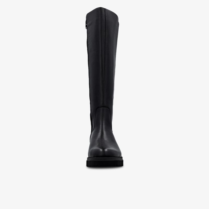 Schwarzer hoher Stiefel mit glattem Leder und runder Zehenpartie, robust und elegant gestaltet