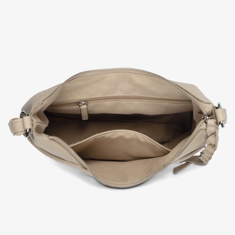 Beige Tasche mit großzügigem Innenraum und mehreren Reißverschlussfächern für optimalen Stauraum