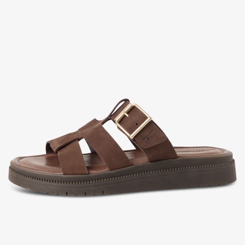 Seitliche Ansicht einer braunen Sandale mit gepolsterter Sohle und verstellbarer Metall-Schnalle