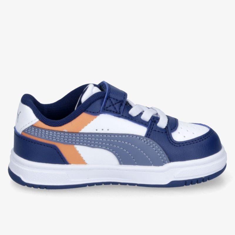 Hochwertiger Sneaker in Blau-Weiß mit Klettverschluss und orangen Details. Ideal für sportliche Aktivitäten.