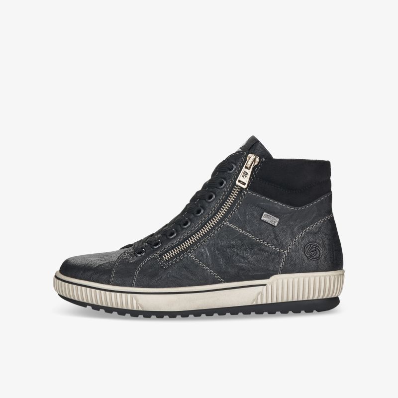Schwarzer Sneaker mit seitlicher Reißverschlussöffnung, komfortabler Passform und robuster Profilsohle, sportlich und modisch