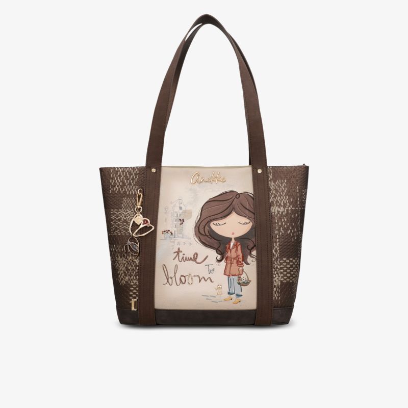 Braune modische Handtasche mit Tragegriff und dekorativem Illustrationsmuster aus Lederimitat