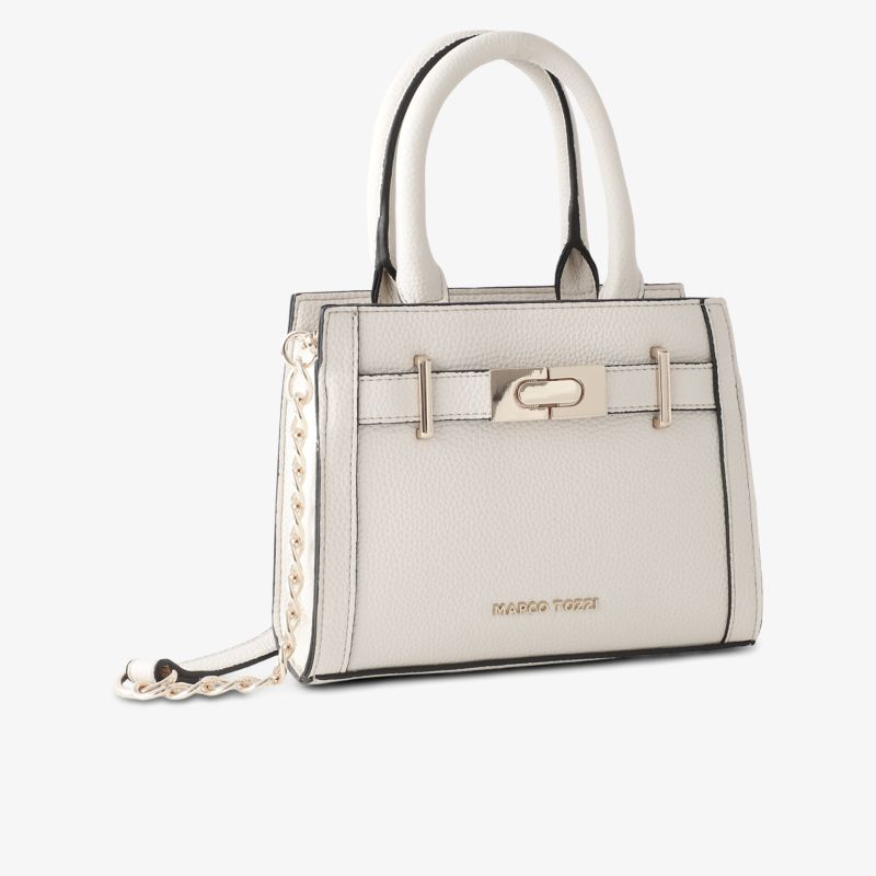 Elegante cremefarbene Handtasche mit goldfarbener Schnalle und praktischem Tragegriff und Schulterriemen