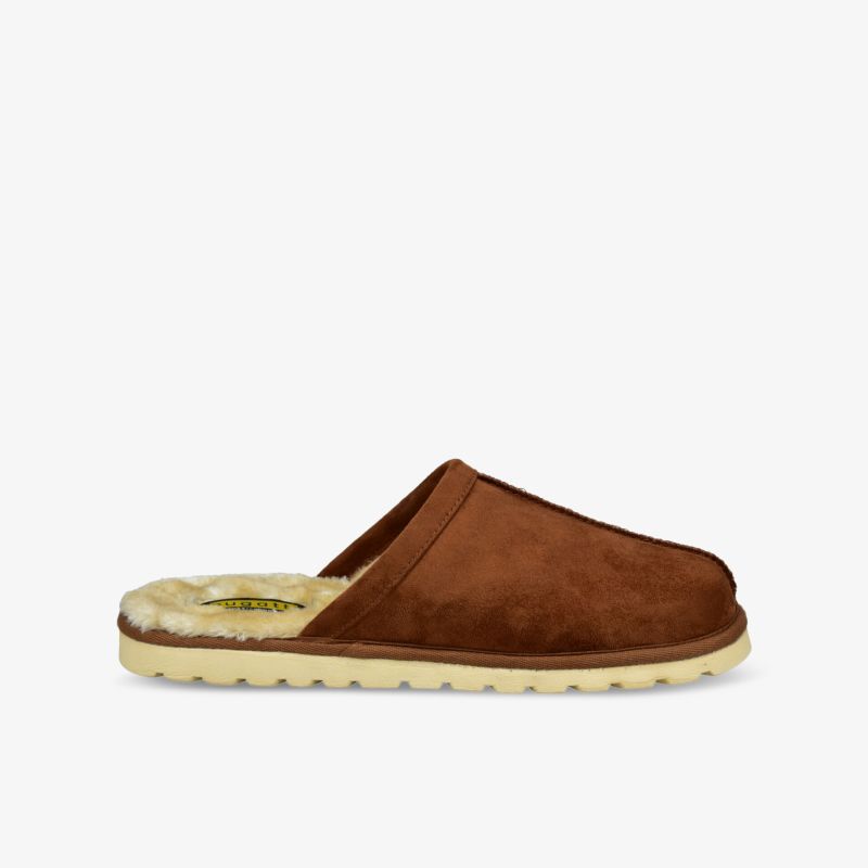 Bequemer brauner Hausschuh mit weichem Innenfutter und rutschfester Sohle, ideal für gemütlichen Komfort zuhause