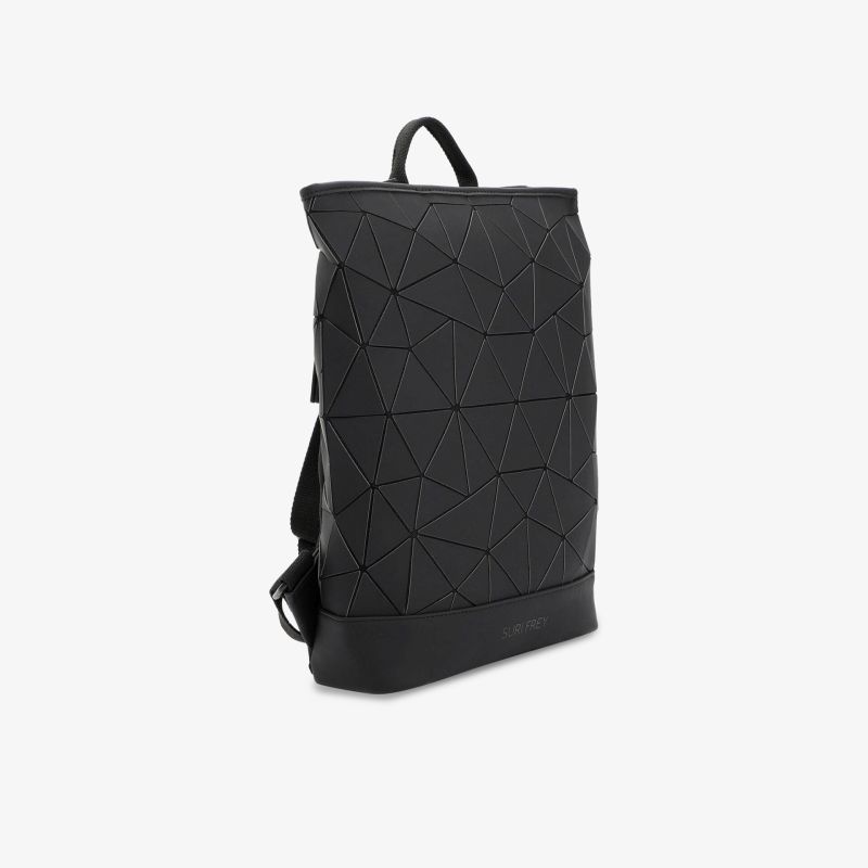 Moderner schwarzer Rucksack mit geometrischem Muster und robustem Material, vielseitig einsetzbar und geräumig