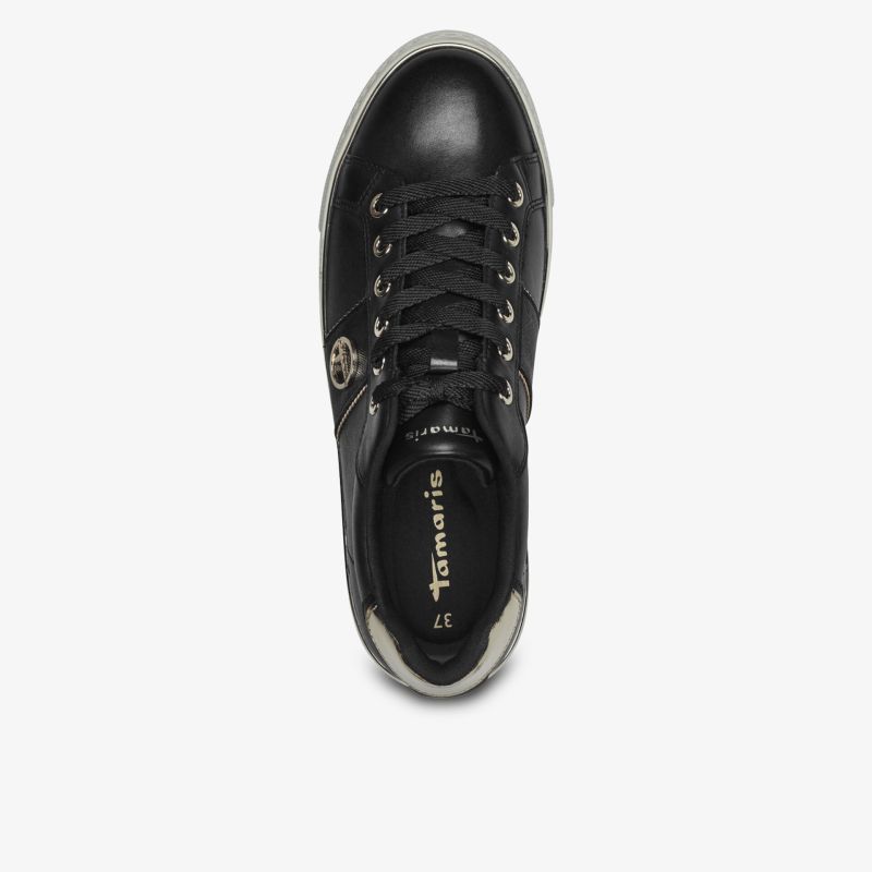 Schwarzer Sneaker aus Leder mit runder Zehenkappe und Schnürung in klassischer sportlicher Optik