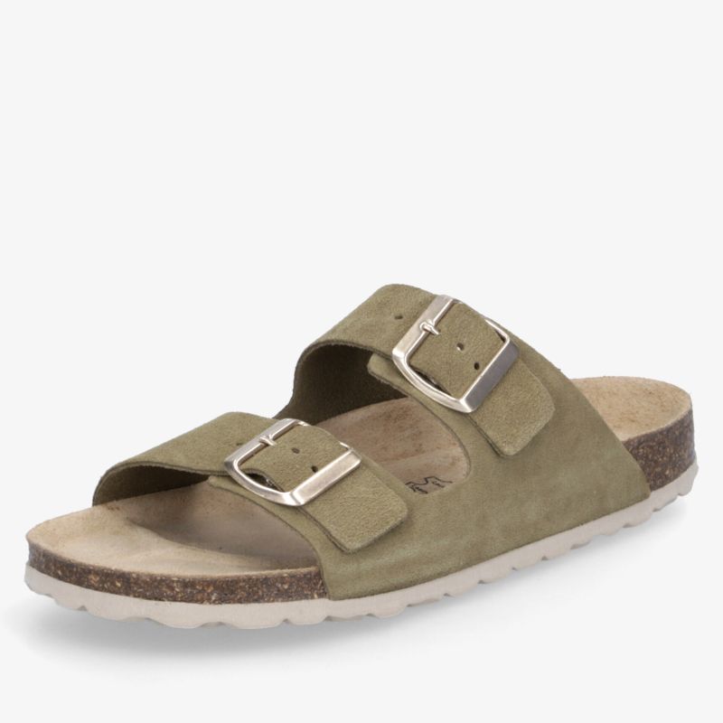 Komfortable Zwei-Riemen-Pantoletten mit verstellbaren Schnallen, weichem Fußbett und rutschfester Sohle in Olivgrün