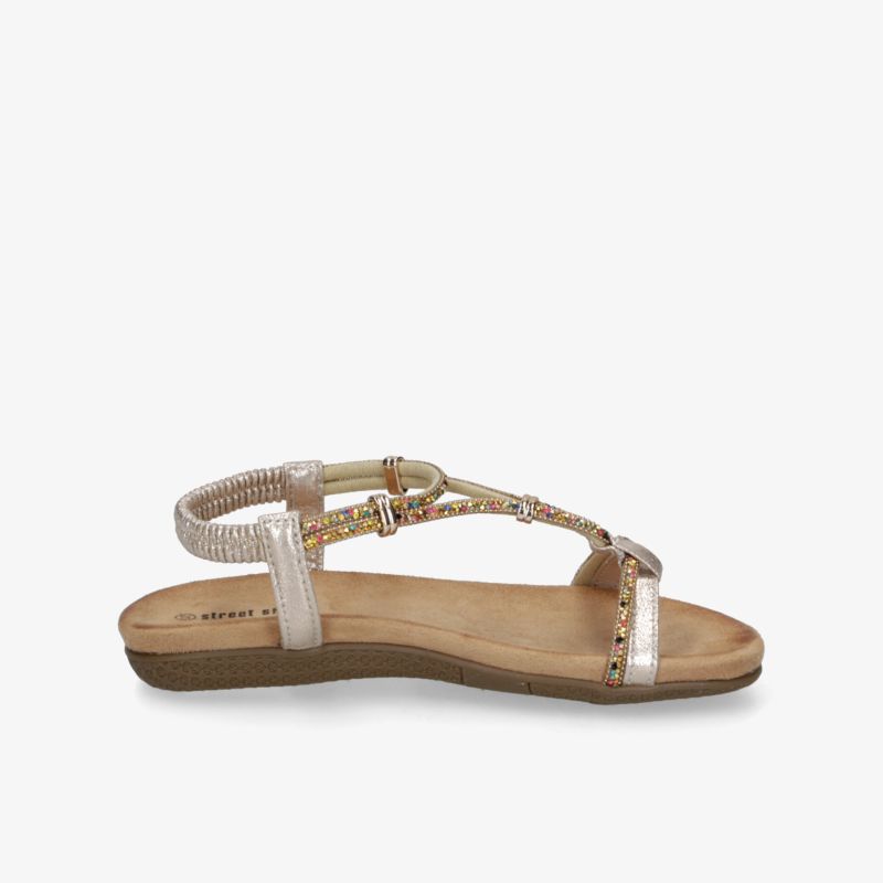 Bequeme Sandale mit verstellbarem Riemen und weichem Fußbett in metallic Tönen, seitliche Ansicht