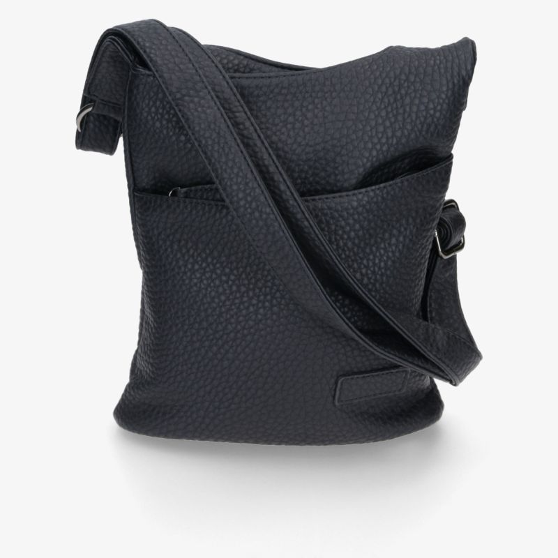 Schwarze kompakte Schultertasche mit verstellbarem Gurt und mehreren Reißverschlussfächern, modernes Design
