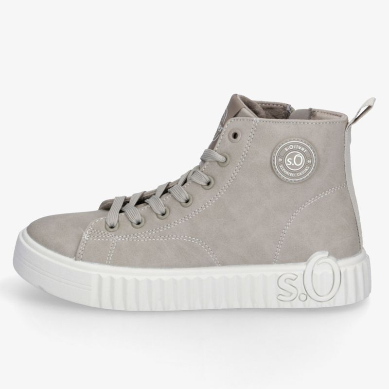 Heller High-Top-Sneaker aus Canvas mit Schnürung, weißer Plateausohle und dekorativem Logo in schräger Seitenansicht.