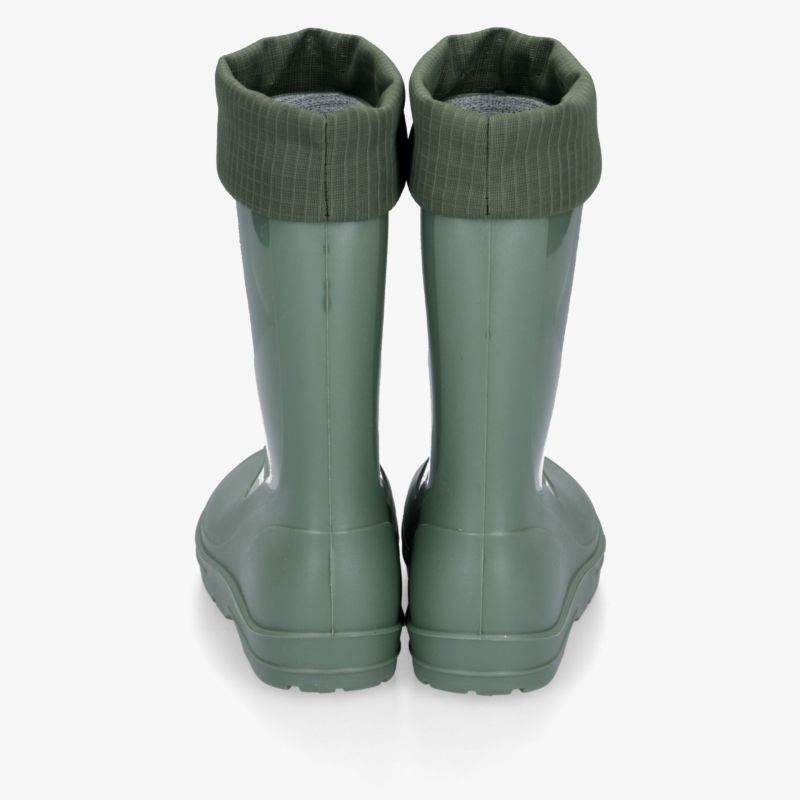 Robuste grüne Gummistiefel mit isolierendem Innenfutter und rutschfester Sohle, Rückansicht