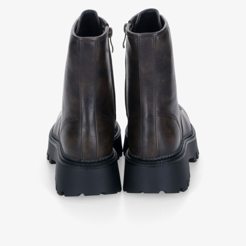 Schwarze robuste Stiefel mit dickem Profil und hohem Schaft aus Leder, Rückansicht