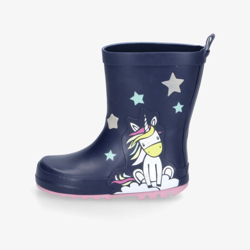 Wasserdichter blauer Gummistiefel mit hellem Einhorn und Sternen, rutschfest und bequem für draußen