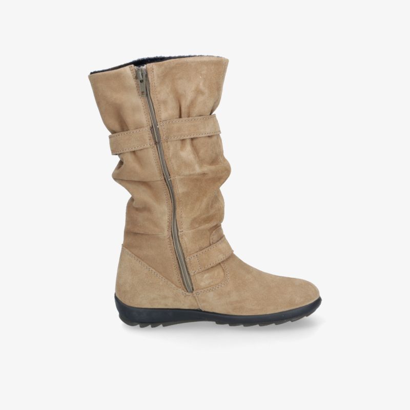 Beiger Stiefel mit seitlichem Reißverschluss, weichem Material und rutschfester Sohle für bequemen Halt