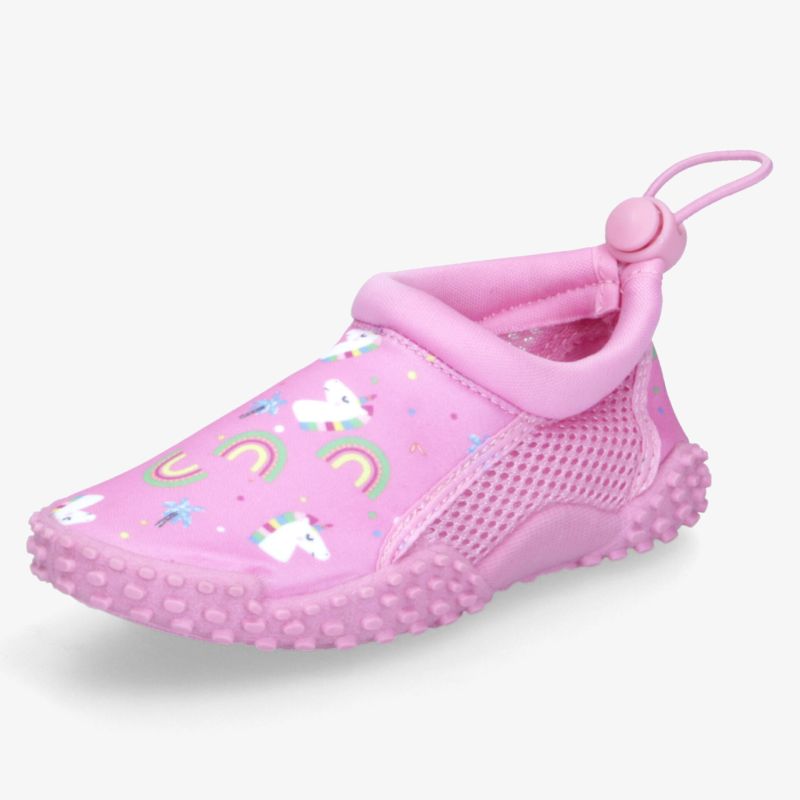 Wasserfester pinkfarbener Kinderschuh mit buntem Einhorn- und Regenbogen-Motiv, rutschfester Sohle und elastischem Verschluss
