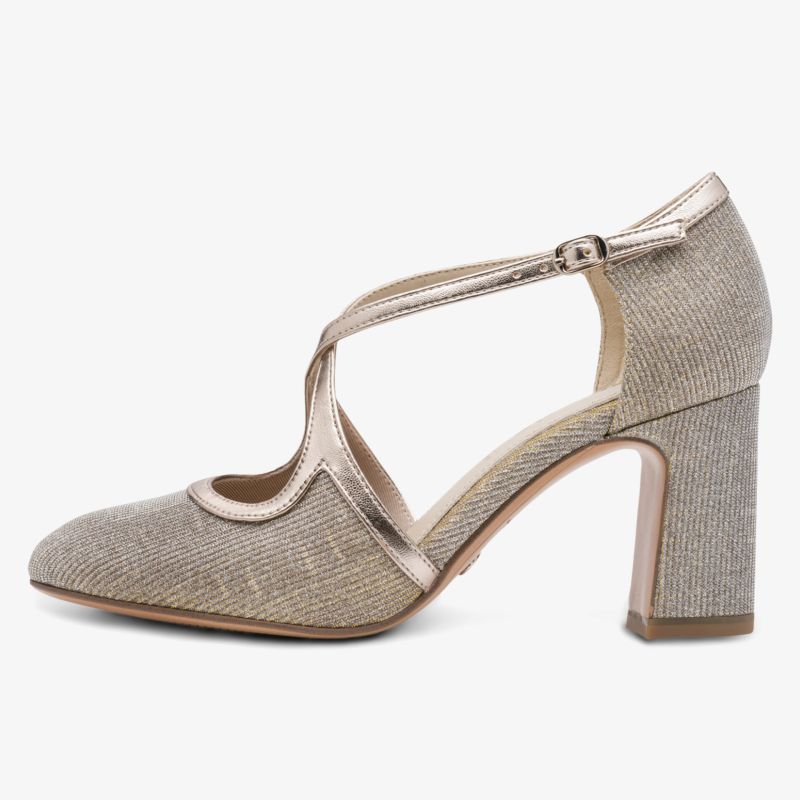 Eleganter Damenschuh mit T-Spangenriemen und komfortablem Blockabsatz in samtigem Material