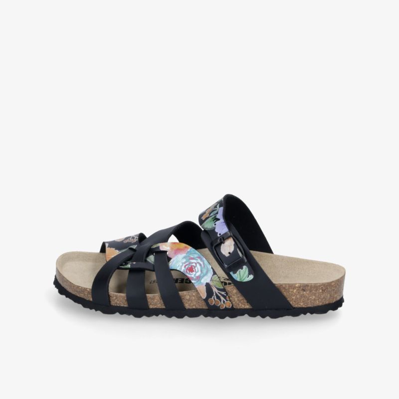 Bequeme Sandale mit floralem Muster, breiten Riemen und komfortablem Korkfußbett für angenehmen Tragekomfort