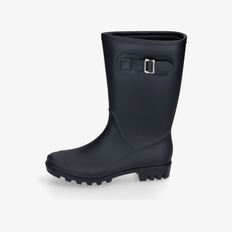 Schwarzer Gummistiefel mit rutschfester Sohle und verstellbarer Schnalle, robuste und wetterfeste Verarbeitung